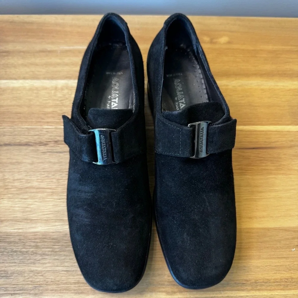 Aquatalia Marvin K Women 7.5 Black Suede Wedge Loafers Italy Comfort Boho‎